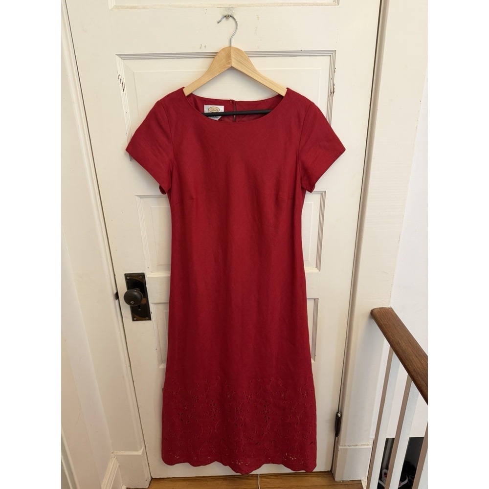 Talbots Vintage Women's Red‎ Irish Linen Maxi Dress Floral Eyelet Cap Sleeve 10